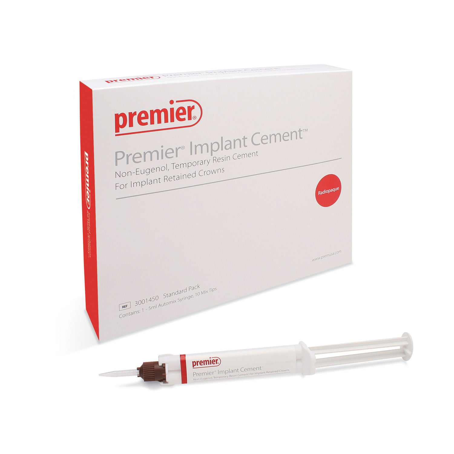 Premier Implant Cement, Non-Eugenol, Temporary Resin Cement for Implant Retained Crowns, 5mL Automix Syringe Premier Implant Cement, Non-Eugenol, Temporary Resin Cement for Implant Retained Crowns, 5mL Automix Syringe